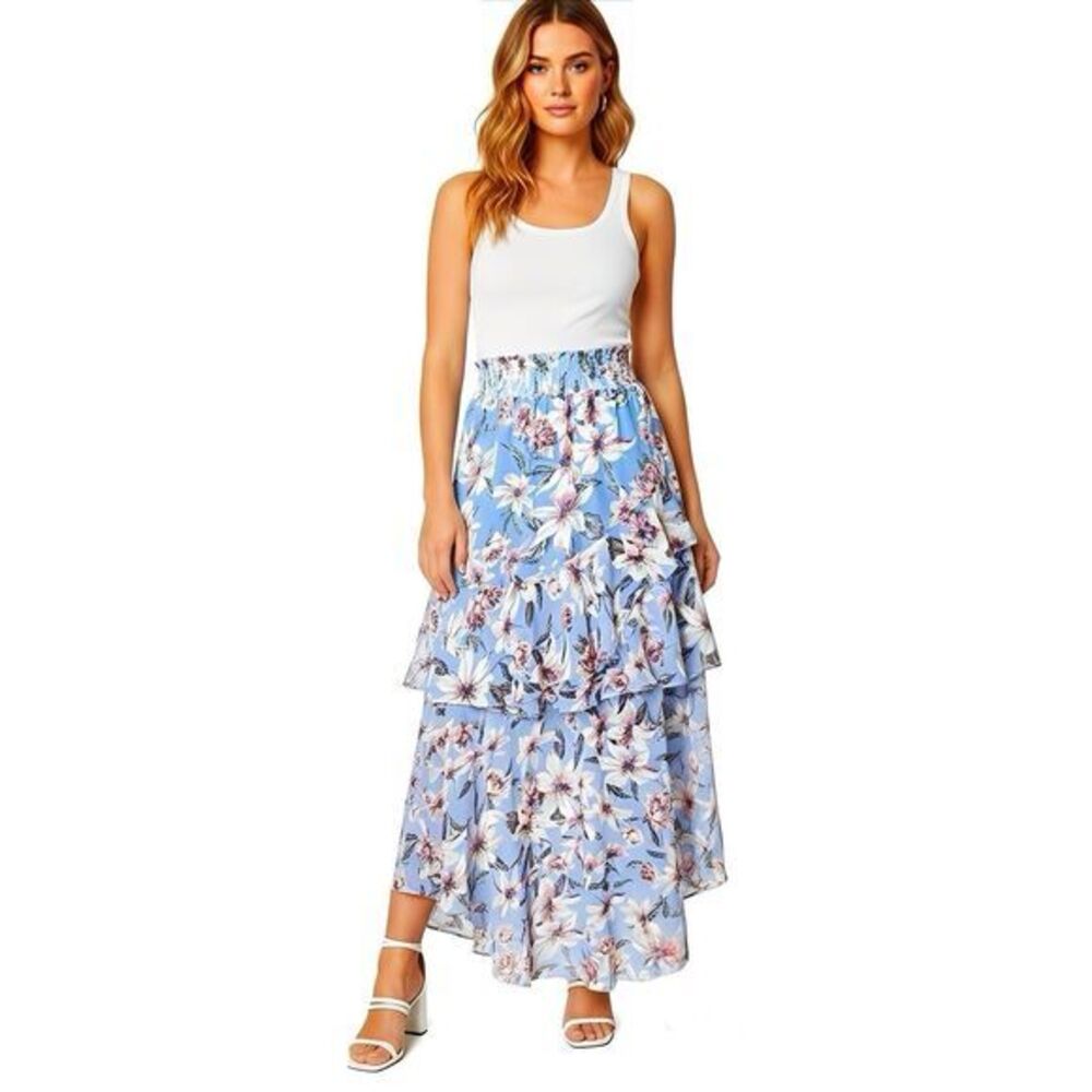 Shein Womens Skirt Sz Small Ruffle Floral Blue Long Maxi Beach Vacation Travel